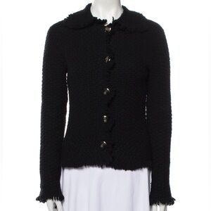 SIGRID OLSEN Black Fringed Hem Blazer Boucle Sweater Jacket Cardigan Classy Coat